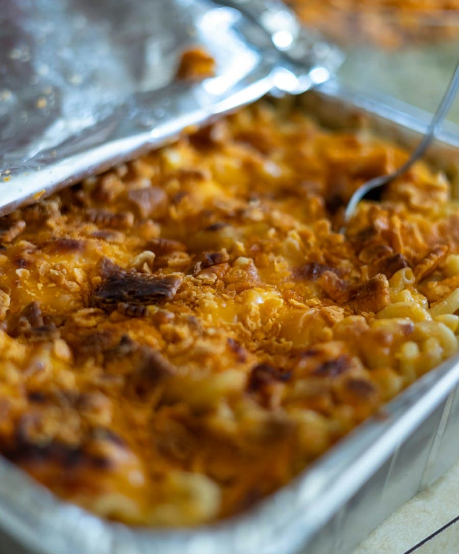 A pan of baked mac and cheese with a crispy cheddar top